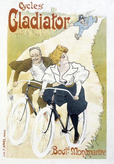 Fietsend koppel achtervolgd door een agent - Reclame voor Gladiator Fietsen, door Misti, ca. 1895 door Ferdinand  Misti Mifliez