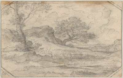Ideaal landschap met twee bomen en rotsformatie door Ferdinand (Johann Heinrich Ferdinand) von Olivier