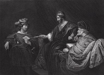 David stuurt een brief naar Joab door Uria, II Samuel, Hoofdstuk XI, vers 14 (gravure) door Ferdinand (after) Bol