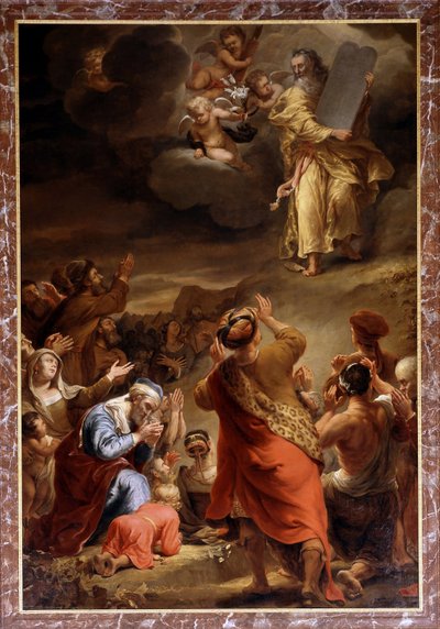 Mozes daalt af van de berg Sinaï met de Tien Geboden door Ferdinand Bol
