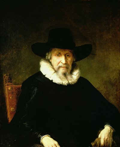 Portret van een heer met een kraag en donkere kleding met een breedgerande hoed door Ferdinand Bol