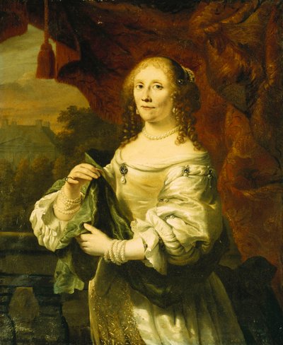 Portret van een Dame, Staand Driekwart Lengte, in een Witte Satijnen Jurk Gedrapeerd met een Groene Sjaal Voor een Rode Gordijn op een Balkon, een Landschap Daarachter door Ferdinand Bol