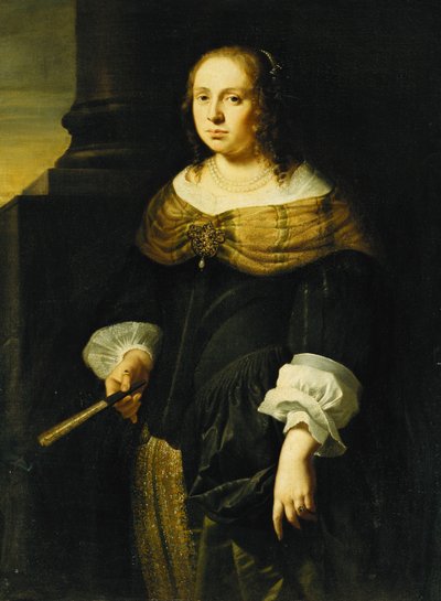 Portret van een Dame, Driekwart Lengte, in een Zwart en Groene Jurk, met een Waaier, op een Portiek door Ferdinand Bol