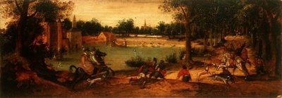 De zwijnenjacht: Een van een paar landschappen door Ferdinand Bol