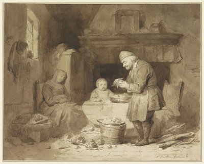 Terwijl een vrouw in slaap is gevallen, schilt een oude man aardappels door Ferdinand De Braekeleer (I)