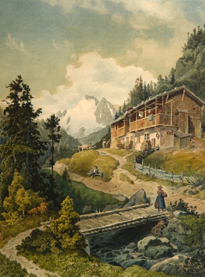 Alpenlandschap met een brug door Ferdinand Gatt
