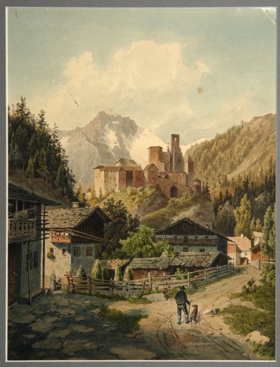 Alpenlandschap met een kasteel door Ferdinand Gatt