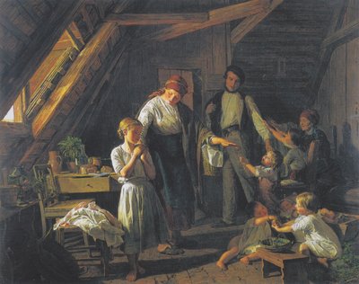 Afscheid van de ouders - het oudste kind zorgt voor broers en zussen in afwezigheid van de ouders door Ferdinand Georg Waldmuller