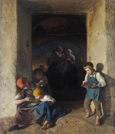 Kinderen ontvangen hun ontbijt door Ferdinand Georg Waldmuller