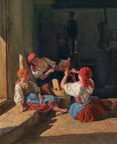 Kinderen versieren een dienstplichtigenhoed, 1854 door Ferdinand Georg Waldmuller