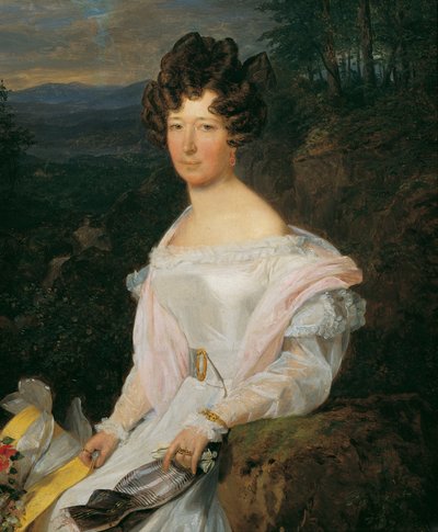 Dame in witte jurk voor een Wienerwaldlandschap door Ferdinand Georg Waldmuller