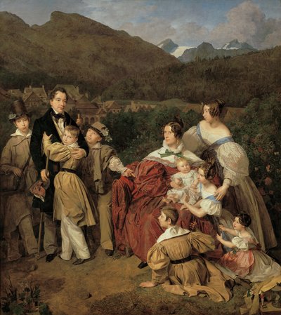 De notaris Dr. Josef August Eltz met zijn vrouw Caroline, geb. Schaumburg, en de acht kinderen in Ischl door Ferdinand Georg Waldmuller