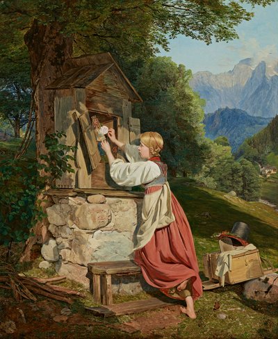 Een meisje versiert de Heilige Maagd met een roos door Ferdinand Georg Waldmuller
