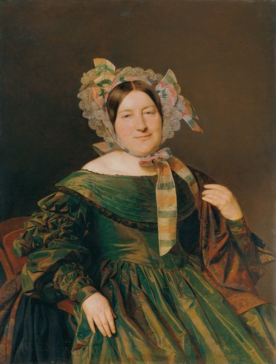 Vrouw in groen, zalmrood glanzende jurk door Ferdinand Georg Waldmuller