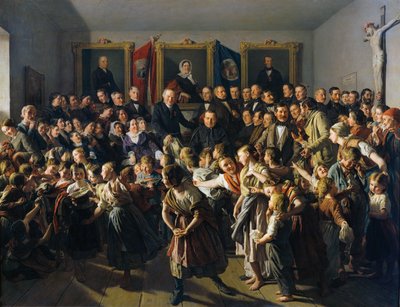 Kinderen van arme ouders worden op Michaelisdag door de gemeente Spittelberg voorzien van winterkleding door Ferdinand Georg Waldmuller