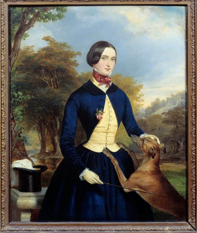 Portret van een vrouw in een amazone met haar hond door Ferdinand Georg Waldmuller
