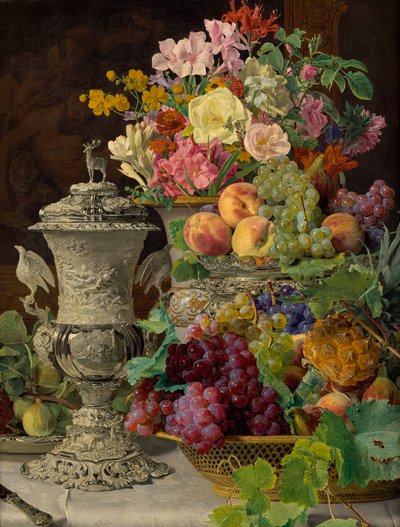 Stilleven met Vruchten, Bloemen en Zilveren Beker door Ferdinand Georg Waldmuller