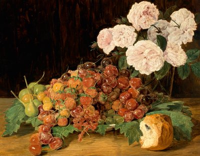 Stilleven met Rozen, Aardbeien en Brood door Ferdinand Georg Waldmuller