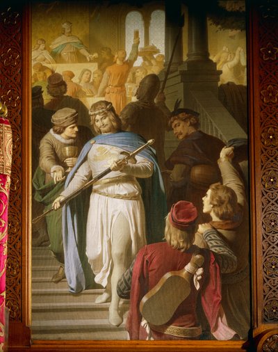 De beste dichters en minstrelen komen samen op Wartburg en worden beloond door landgraaf Hermann voor bijzonder fijne prestaties, uit de Tannhauser Saga, eetkamer door Ferdinand II Piloty