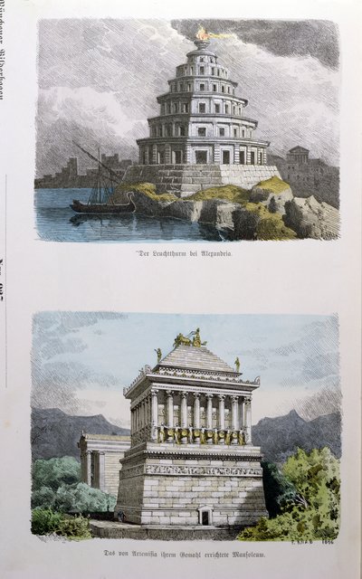 De Grote Vuurtoren van Alexandrië en het Mausoleum van Halicarnassus, uit een serie van de Zeven Wereldwonderen gepubliceerd in Munchener Bilderbogen, 1886 door Ferdinand Knab