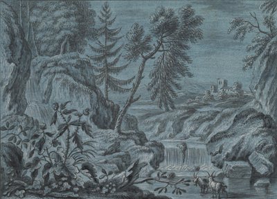 Zuidelijk landschap met een waterval en geiten, laat 18e eeuw door Ferdinand Kobell.