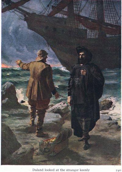 Daland keek scherp naar de vreemdeling, illustratie uit The Stories of Wagners Operas, uitgegeven door George Harrap & Co Ltd 1932 door Ferdinand Lecke