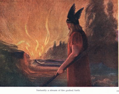 Onmiddellijk spoot er een stroom vuur uit, illustratie uit The Stories of Wagners Operas, uitgegeven door George Harrap & Co Ltd 1932 door Ferdinand Lecke