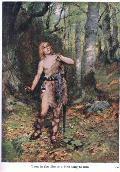 Toen in de stilte zong een vogel voor hem, illustratie uit The Stories of Wagners Operas, uitgegeven door George Harrap & Co Ltd 1932 door Ferdinand Lecke