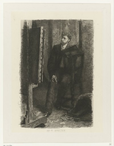 Portret van een kunstenaar staand achter de ezel door Ferdinand Oldewelt