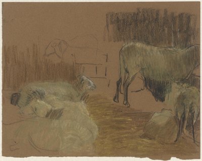 Schapen in een stal door Ferdinand Oldewelt
