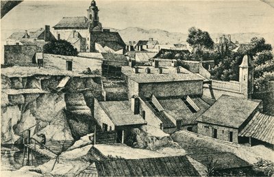 Steengroeve in Alt-Matzleinsdorf, met de parochiekerk van St. Florian in Wenen door Ferdinand Olivier