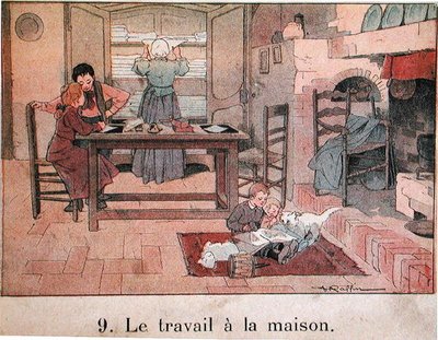 Een avondwerk op het platteland, illustratie voor een schoolboek, c.1900 door Ferdinand Raffin