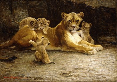 Een leeuwin met haar welpen door Ferdinand Schebek