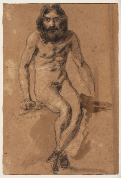 Paarden rennen (recto); Naakte bebaarde man, zittend (verso) door Ferdinand Victor Eugene (after) Delacroix