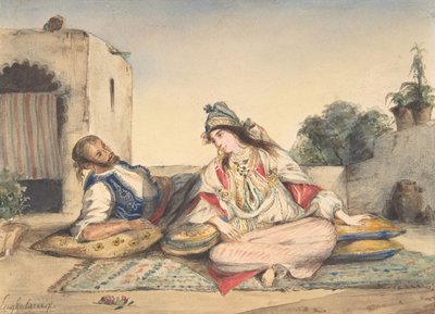 Een Moors koppel op hun terras, 1832 door Ferdinand Victor Eugene Delacroix