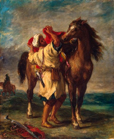 Een Marokkaan zadelt zijn paard, 1855 door Ferdinand Victor Eugene Delacroix