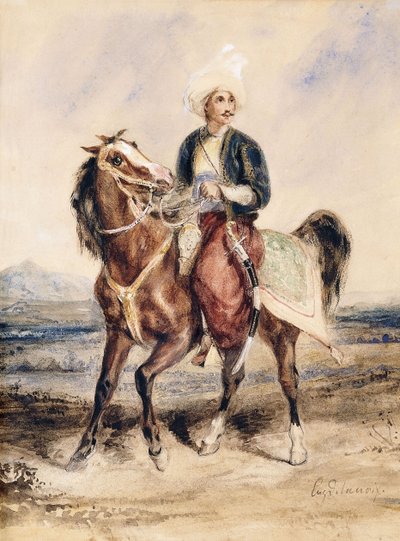 Een Arabische krijger te paard in een landschap door Ferdinand Victor Eugene Delacroix