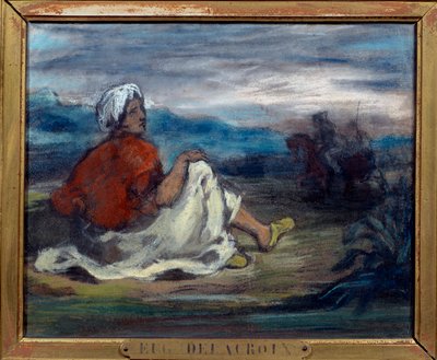 Een Arabier zittend op het platteland aan de rand van een weg door Ferdinand Victor Eugene Delacroix