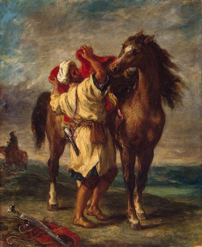 Arabier die zijn paard zadelt door Ferdinand Victor Eugene Delacroix