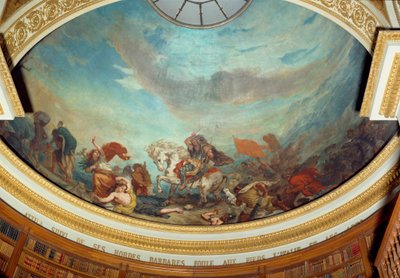 Attila (395-453) hoofd van de Hunnenstam, gevolgd door zijn barbaarse hordes die Italië binnenvielen in 452 door Ferdinand Victor Eugene Delacroix