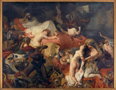 Dood van Sardanapale. Sardanapale, Assyrische koning belegerd door opstanden, liet zijn vrouwen en paarden afslachten voordat hij zichzelf doodde. Schilderij door Eugene Delacroix (1798-1863) door Ferdinand Victor Eugene Delacroix