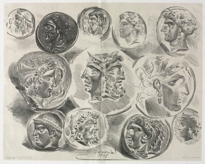 Blad met twaalf antieke medailles door Ferdinand Victor Eugene Delacroix