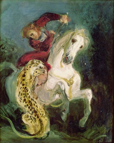 Jaguar die een ruiter aanvalt door Ferdinand Victor Eugene Delacroix