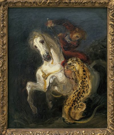 Jaguar die een ruiter aanvalt door Ferdinand Victor Eugene Delacroix