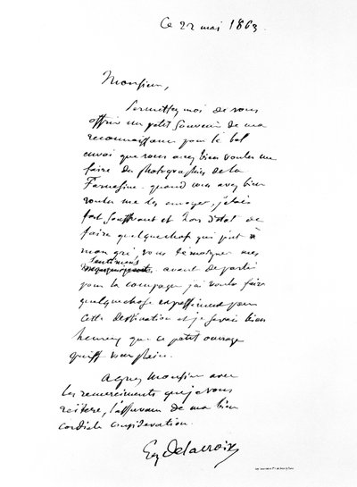 Brief ondertekend door Eugene Delacroix, Franse romantische kunstenaar, 1863 door Ferdinand Victor Eugene Delacroix