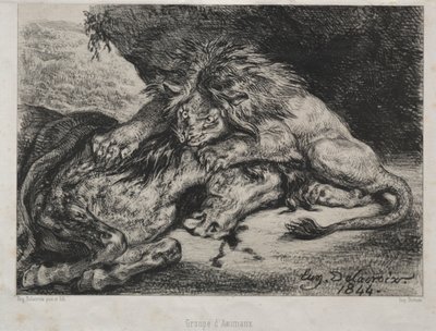 Leeuw die een paard verslindt door Ferdinand Victor Eugene Delacroix