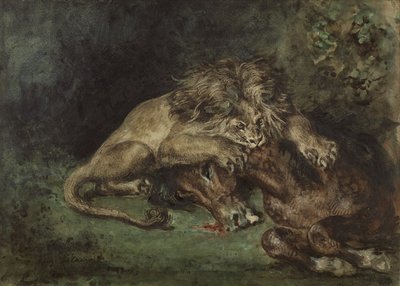 Leeuw die een Paard Verslindt, ca. 1844 door Ferdinand Victor Eugene Delacroix