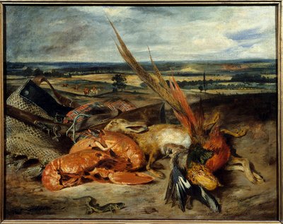 Stilleven met kreeft en trofeeën van jacht en visserij door Ferdinand Victor Eugene Delacroix