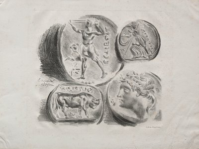 Blad met Vier Antieke Medailles, 1825 door Ferdinand Victor Eugene Delacroix