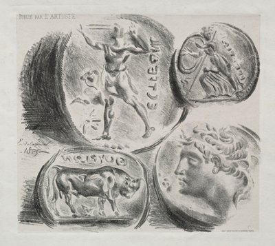 Blad met vier antieke medailles door Ferdinand Victor Eugene Delacroix